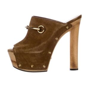 Gucci Brown High Heel Mules with Gold Accents